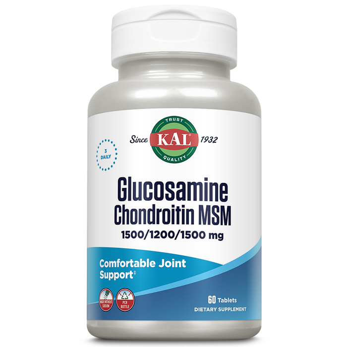 KAL Glucosamine Chondroitin MSM, Joint Support Supplement for Women and Men, 1500mg Glucosamine Sulfate, 1200mg Chondroitin, 1500mg MSM, Rapid Disintegration, 20 Servings, 60 Tablets