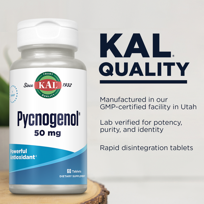 KAL Pycnogenol French Maritime Pine Bark Extract 50 mg, Super Antioxidants Supplements, Skin Health, Circulation and Heart Health Support, Rapid Disintegration, 60-Day Guarantee, 60 Serv, 60 Tablets
