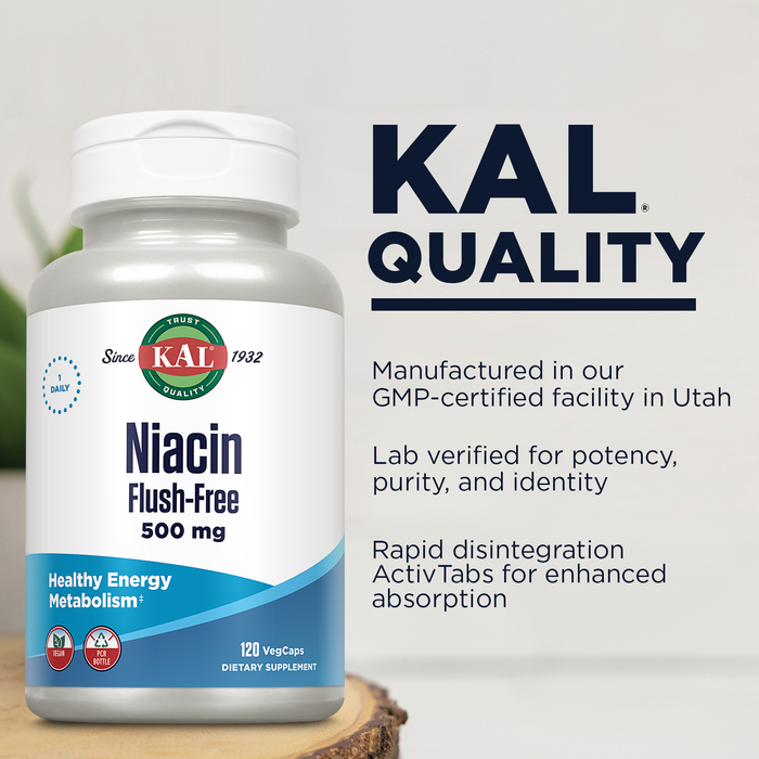 KAL Niacin 500mg Flush Free - Vitamin B3 Supplement - Metabolism and Energy Support - Skin, Nerve, Digestive Health and Circulation Support - Vegan Vitamin, 60-Day Guarantee, 120 Servings, 120 VegCaps