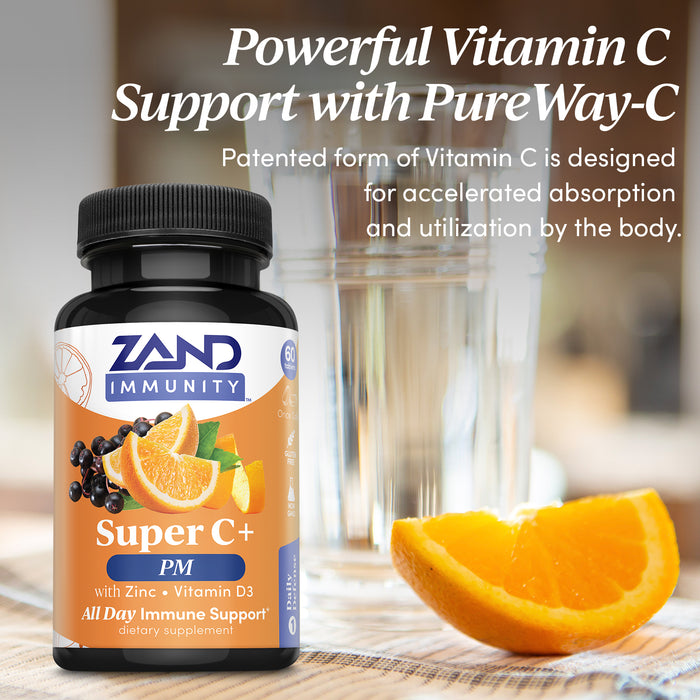 Zand Immunity Super C+ PM, Nighttime Immune Support Plus Melatonin, 1000mg PureWay-C Vitamin C, Zinc, D3 & Elderberry, Enhanced Absorption - 60 Tablets, 30 Servings