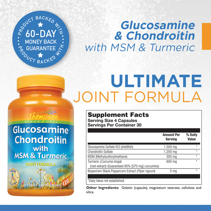 Thompson Glucosamine Chondroitin w/ MSM & Turmeric | Black Peppercorn for Enhanced Absorption | Healthy Joint & Cardiovascular System Support | 120ct