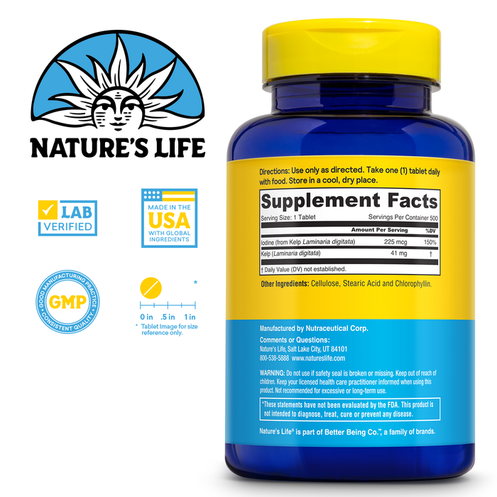 Nature's Life Icelandic Kelp 41 mg - Sea Kelp Iodine Supplement from Icelandic Seawater - Thyroid Support for Women and Men with 225mcg Natural Iodine - 60-Day Guarantee, 500 Servings, 500 Tablets