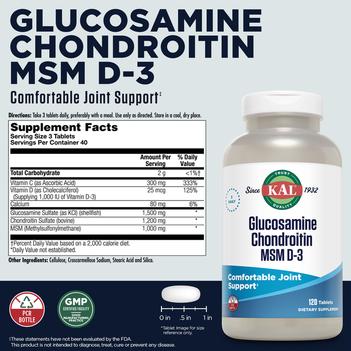 KAL Glucosamine Chondroitin MSM D-3, Joint Support Supplement, 1,500 mg of Glucosamine Sulfate, 1,200 mg of Chondroitin Sulfate, 1,000 mg of MSM, Plus Vitamin D3 & Vitamin C, 40 Servings, 120 Tablets