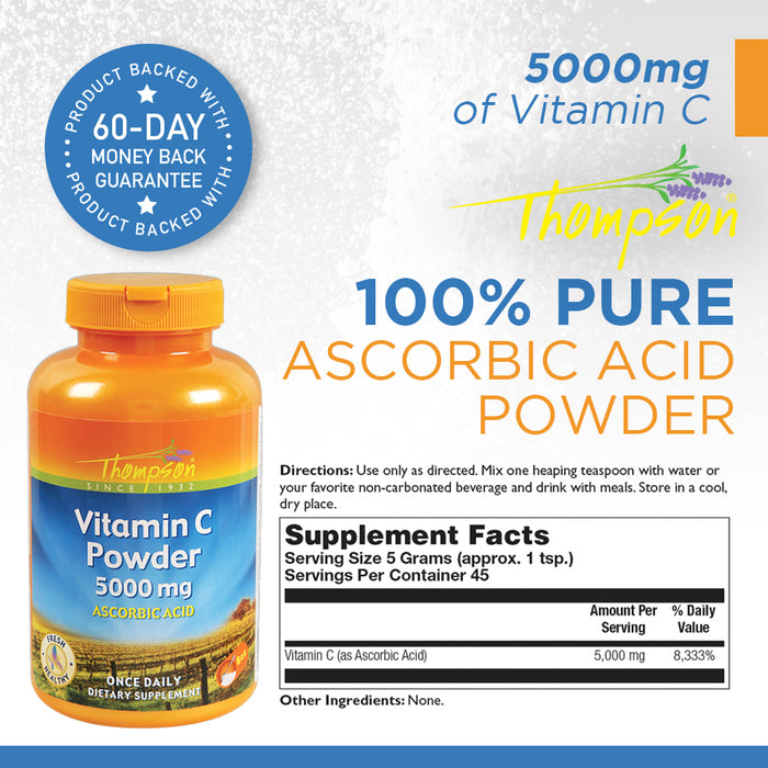 Thompson Vitamin C Powder | 5000mg | 100% Pure Ascorbic Acid | Immune Support & Antioxidant Supplement (8oz) (8 oz)
