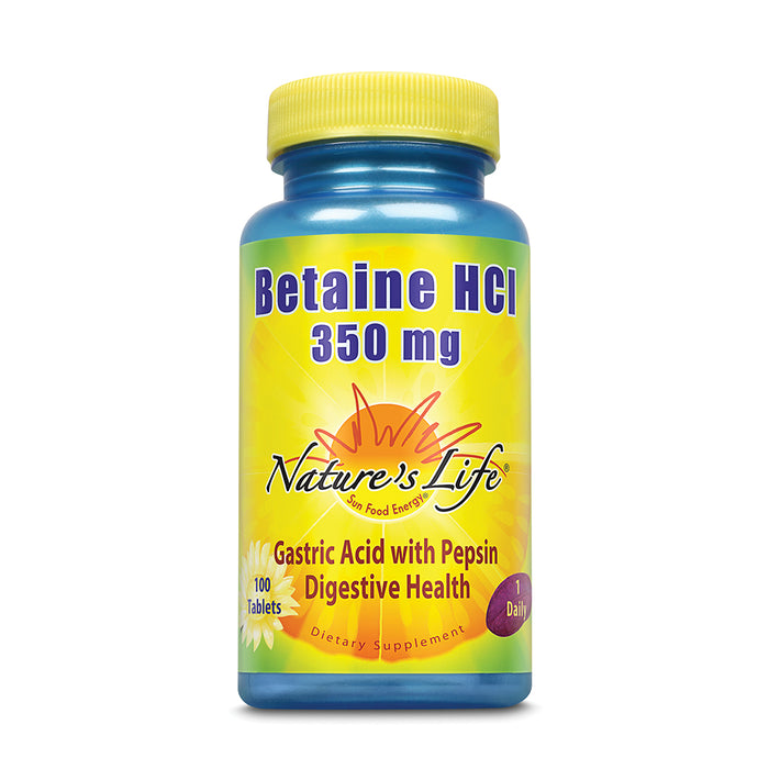 Nature's Life Betaine HCL Supplement 350 mg | Includes 150mg of Pepsin | Healthy Digestive Function Support | 100 Tablets