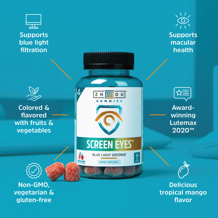 Zhou Screen Eyes Gummies | Formulated with Lutemax 2020 and Marigold Extract | Blue Light Formula | Tropical Berry Flavor | 30 Servings, 60 Chewable Gummies