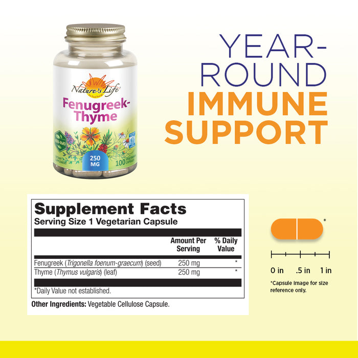 Nature's Life Fenugreek Thyme 250 mg Herbal Supplement | Immune System Formula for Respiratory & Seasonal Health Support | Non-GMO | 100 Veg Caps