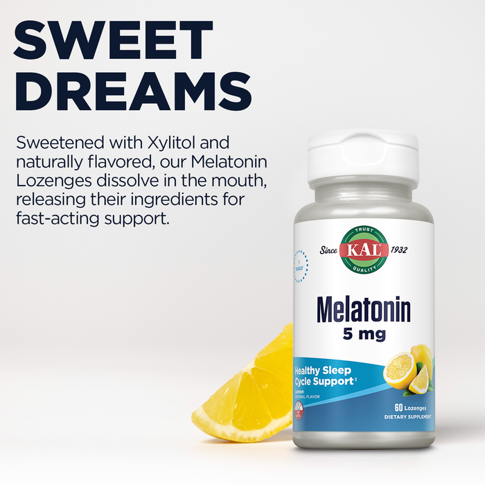 KAL Melatonin 5mg Sleep Aid Lozenges, Melatonin Supplement Supports Sleep Quality, Calming Relaxation and a Healthy Sleep Cycle, with Added Vitamin B6, Vegetarian, Natural Lemon Flavor, 60 Lozenges
