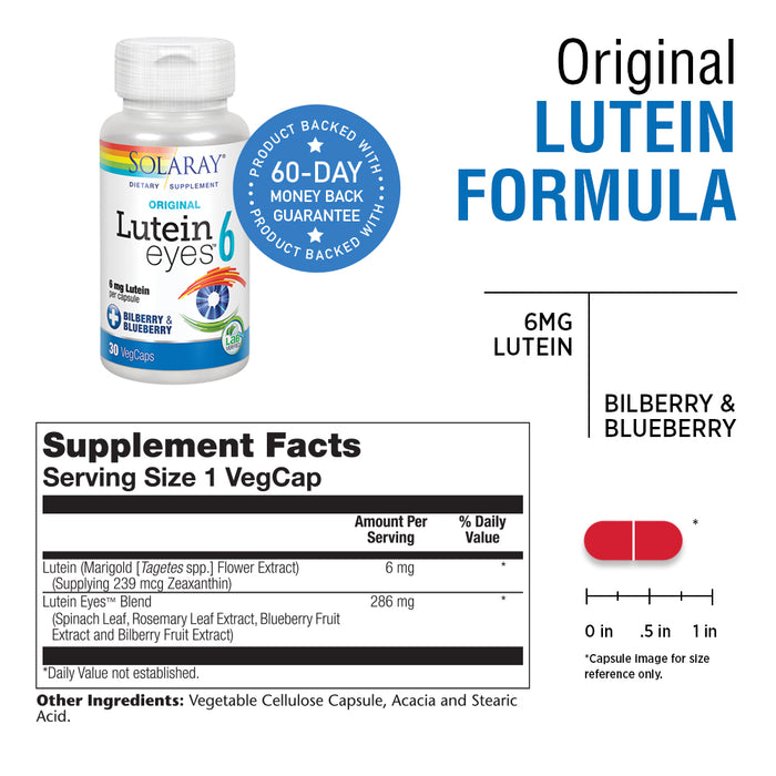 Solaray Original Lutein Eyes, 6 mg | Eye & Macular Health Support Supplement w/ Naturally Occurring Lutein and Zeaxanthin | Non-GMO | Vegan (30 CT)
