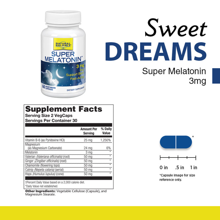Natural Balance Super Melatonin 3 mg | Fast-Acting Sleep & Relaxation Supplement with Vitamin B-6, Magnesium, Valerian, Chamomile & Hops | 60 VegCaps