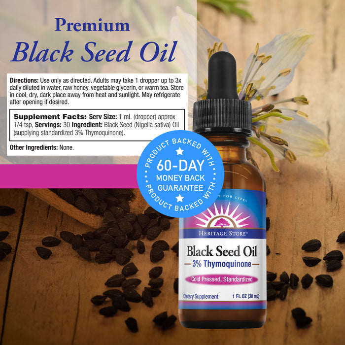 Heritage Store Black Seed Oil | 3% Thymoquinone | Pure & Cold Pressed | Healthy Heart, Digestion, Immune, Metabolism, Hair & Skin Support | 1 oz