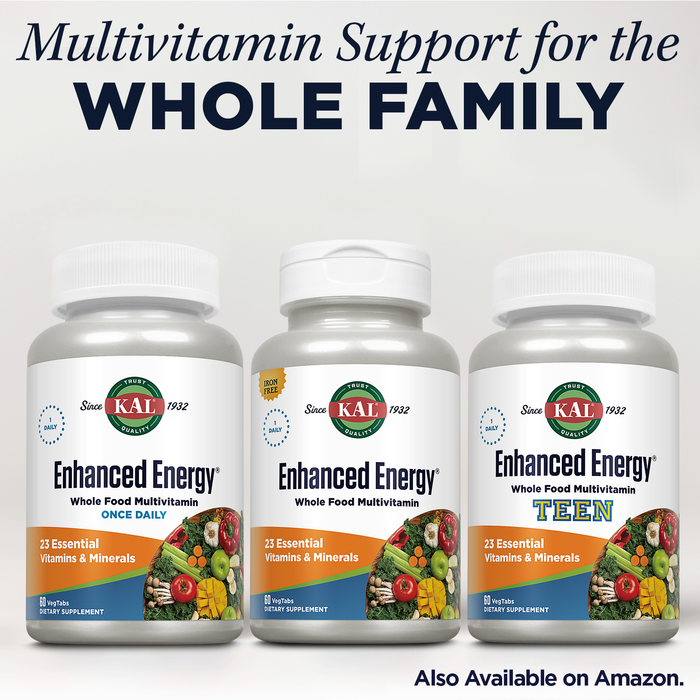 KAL Enhanced Energy Supplements, Whole Food Multivitamin with Iron for Women and Men, 23 Essential Vitamins and Minerals, Super Foods, Digestive Enzymes, 60-Day Guarantee, 30 Servings, 90 VegTabs