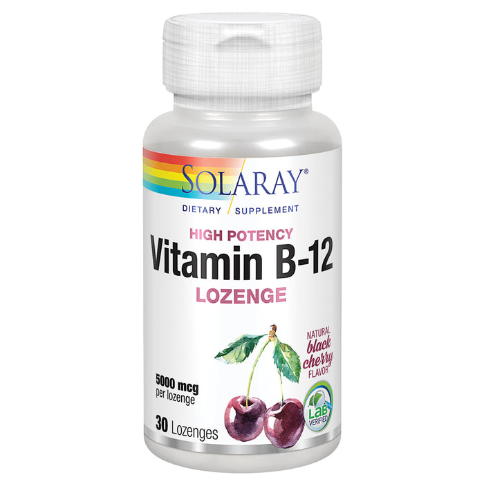 Solaray Vitamin B-12 5000mcg Lozenges | Natural Cherry Flavor | Healthy Energy & Nerve Function Support | 30ct