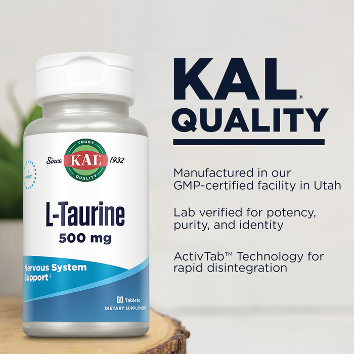 KAL L Taurine 500mg, Amino Acids Supplement, Nervous System Health, Heart Health and Detox Support, Pre Workout Supplement, Rapid Disintegration ActivTabs, 60-Day Guarantee, 60 Servings, 60 Tablets