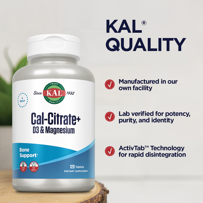 KAL Cal-Citrate+, Calcium Citrate Plus Vitamin D-3 and 500 mg of Magnesium, Healthy Bones and Teeth Support, Gluten Free and Lab Verified for Quality, 30 Servings, 120 Tablets