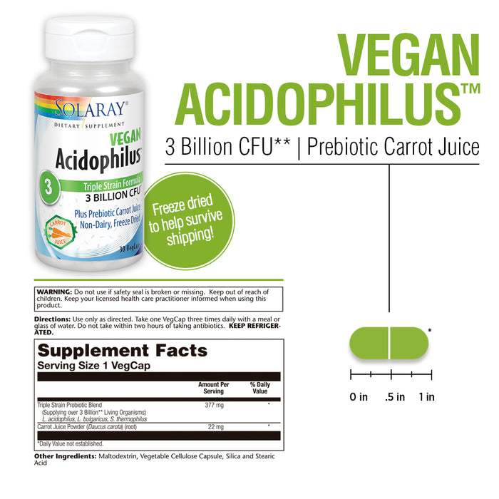 Solaray Acidophilus 3 Strain Probiotic & Prebiotic Carrot Juice | 3 Billion CFU, Vegan & Freeze Dried | 30 VegCaps