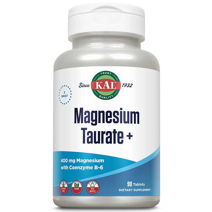 KAL Magnesium Taurate 400mg Plus Vitamin B6, Chelated Magnesium Supplement, High Absorption Magnesium Complex, Muscle and Heart Health Support, Vegan, Gluten Free, 60-Day Guarantee (45 Serv, 90 Tablets)