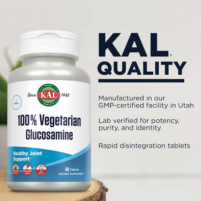 KAL 100% Vegetarian Glucosamine 1000 mg, Joint Health Supplement with Vegan Glucosamine HCl, Joint Support for Comfort and Mobility, Made Without Shellfish, 60-Day Guarantee, 60 Servings, 60 Tablets