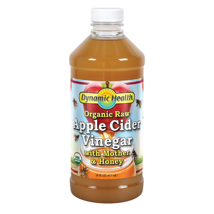 Dynamic Health Organic Raw Apple Cider Vinegar with Mother & Honey | Vegetarian, Non-GMO, No Gluten or Artificial Flavors | 16 FL OZ, Btl-Plastic