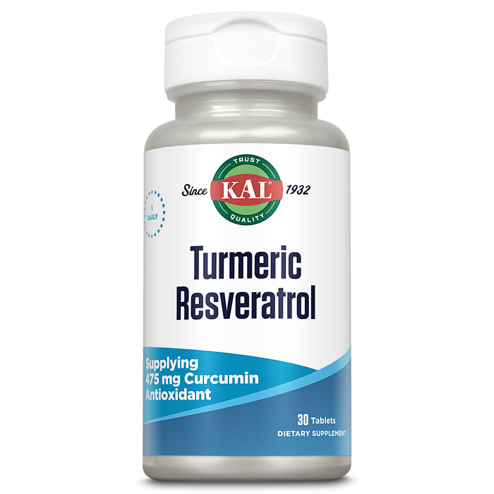 KAL Turmeric Resveratrol Supplement, Antioxidant Support, Supplying 475 mg Turmeric Curcumin, Heart Health and Joint Health Support, Rapid Disintegration, 60-Day Guarantee, 30 Servings, 30 Tablets