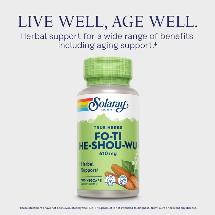 Solaray Fo-Ti 610 mg - Herbal Support for Aging, Longevity, and Hair, Skin & Nails - Vegan - 60-Day Money-Back Guarantee - 100 Servings, 100 VegCaps