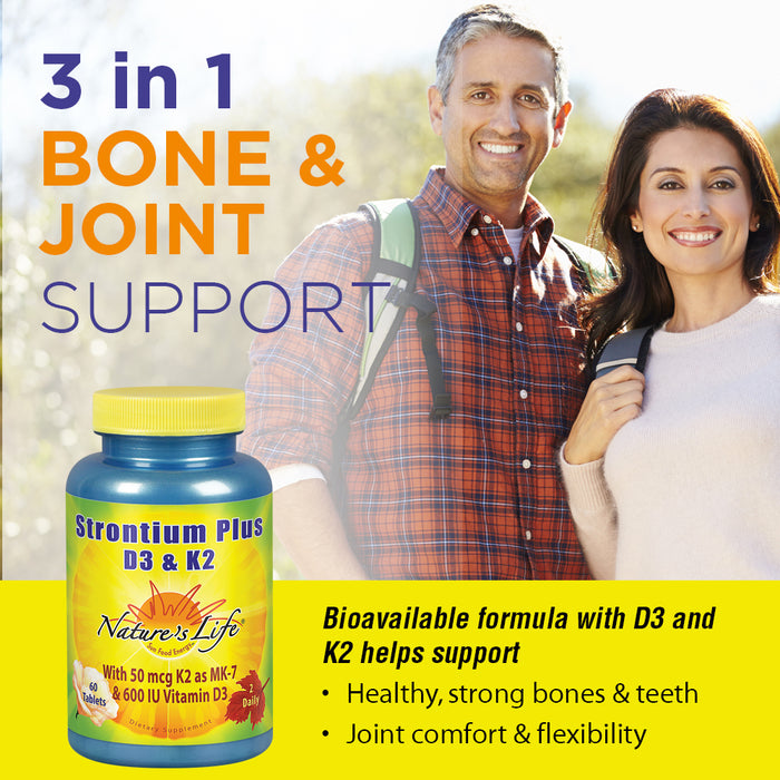 Nature's Life Strontium Plus Vitamins D3 & K2 | Bioavailable Formula May Help Support Healthy Bone Density & Joint Health | 60 Tablets