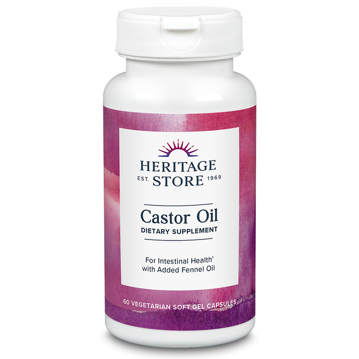 Heritage Store Castor Oil Supplement 725 mg, Healthy Cleansing, Intestinal Balance & Digestion Support,* With Added Fennel Oil, 60 Servings, 60 Vegetarian Capsules
