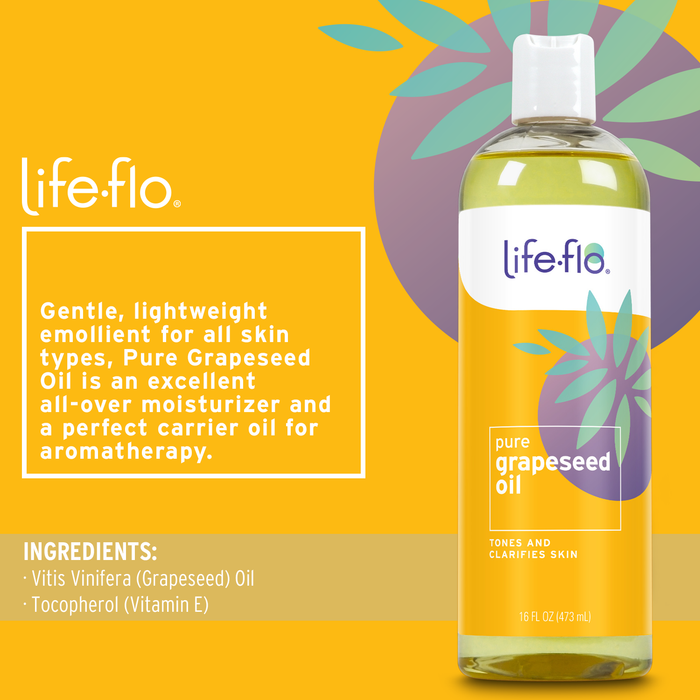 Life-flo Pure Grapeseed Oil, Cold Pressed, Lightweight Body Oil for Skin Care, Massage and Aromatherapy, Nourishes, Tones and Clarifies, All Skin Types, Won't Clog Pores, Not Tested on Animals, 16oz