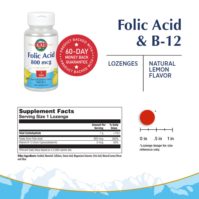 KAL Folic Acid & B-12 Lozenges | Natural Lemon Flavor | Healthy Support for Pregnant Women & Normal Blood Cells | Lab Verified | 100 Lozenges