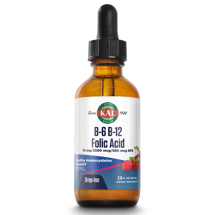 KAL B-6 B-12 Folic Acid DropIns, Natural Mixed Berry Flavor , Vitamin B Complex Drops with 5-MTHF for Healthy Cardiovascular Support , 2 oz