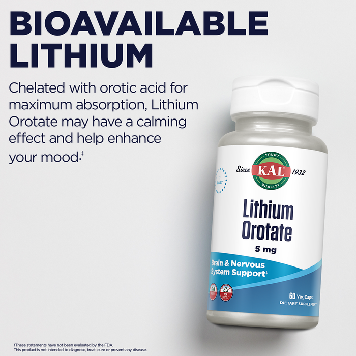 KAL Lithium Orotate 5mg, Low Dose Lithium Supplement for Brain, Nervous System and Mood Support, Chelated and Highly Bioavailable, Vegan, Organic Rice Extract Blend