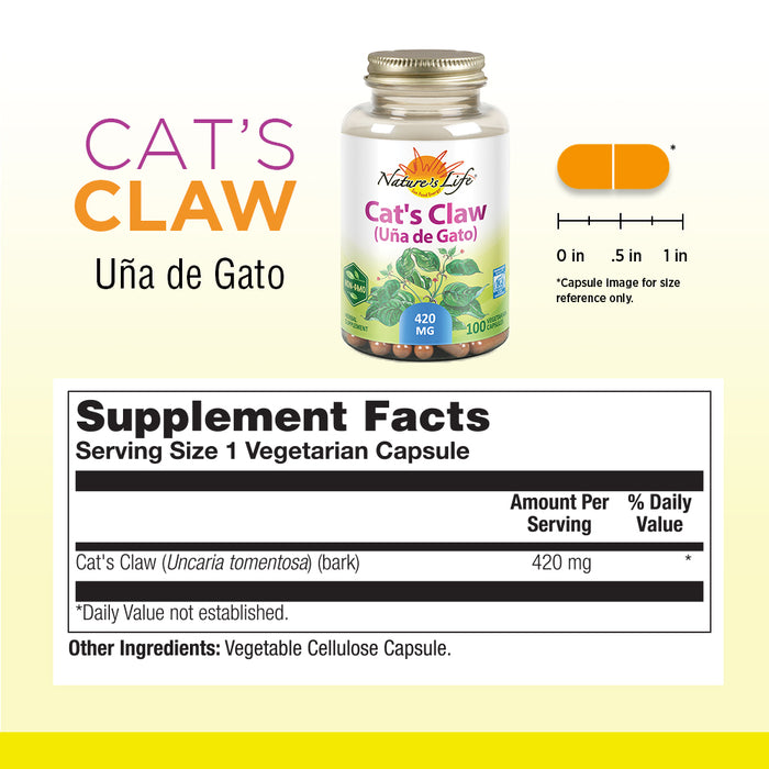 Nature's Life Cats Claw 420 Herbal Supplement (Ua de Gato) | Immune System and Digestion Support | 100 CT