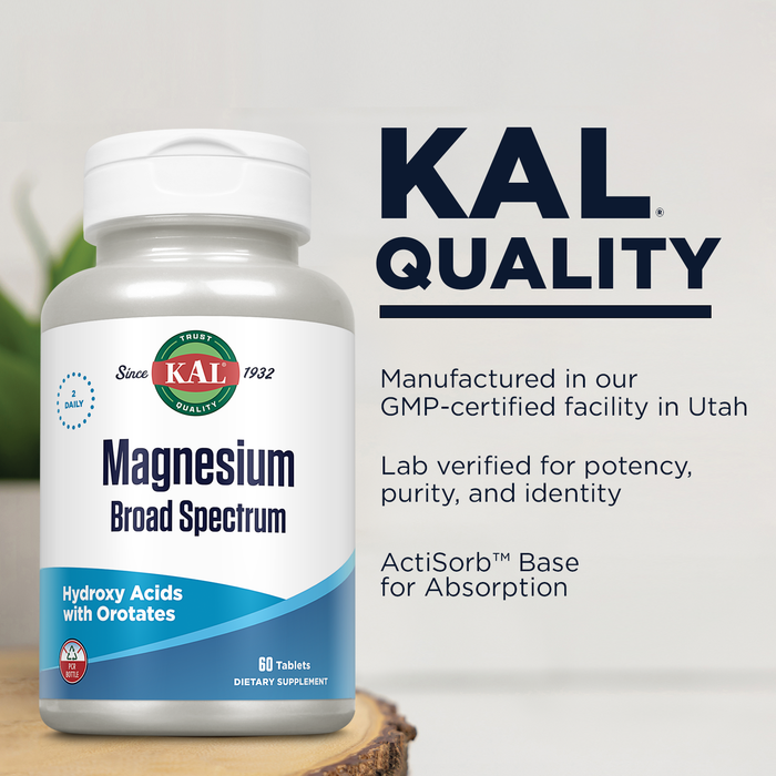 KAL Magnesium 400 mg Broad Spectrum Supplement - Chelated Magnesium Citrate, Malate, Lysinate, Tartrate, Lactate, Orotate Complex for Better Absorption - Vegetarian, 60 Tablets, 30 Servings