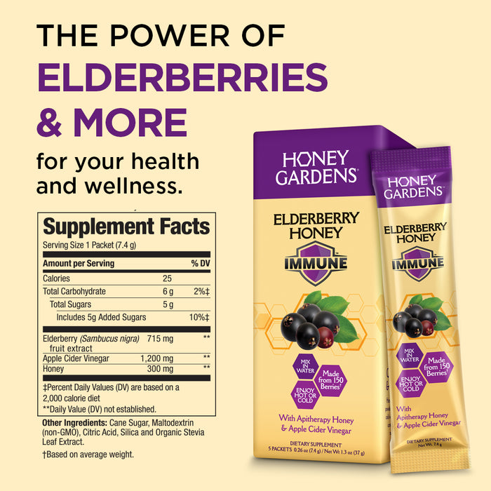 Honey Gardens Elderberry Syrup with Grade A Raw Honey, Propolis, Organic ACV & Elderberries | Traditional Immune Formula w/Echinacea  | Made in the USA |  5 Packets