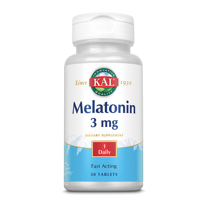 KAL Melatonin 3mg Sleep Aid, Fast Dissolve Melatonin Tablets, Calming Relaxation and Healthy Sleep Cycle Support, with Added Vitamin B6, Vegan, Gluten Free, Non-GMO (30 CT)