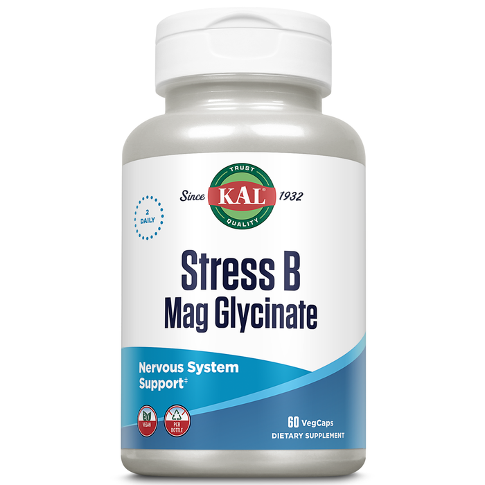 KAL Stress B Mag Glycinate, B Complex Vitamins Plus Magnesium, Active Forms Coenzyme Vitamin B-6, Methylcobalamin, and Folate from 5-MTHF, Healthy Mood & Relaxation Support, 30 Servings, 60 VegCaps