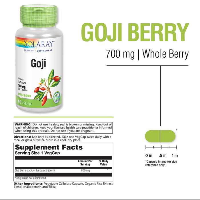 Solaray Goji Berry 700 mg | Healthy Eyes, Liver, Kidneys, Blood Glucose & Circulation Support | 60 VegCaps
