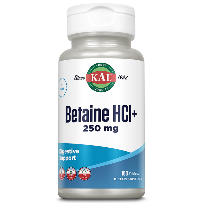 KAL Betaine HCL with Pepsin, Digestive Health Supplement with 250mg Betaine Hydrochloride Plus 130mg Pepsin, Gluten Free, Non-GMO, 60-Day Guarantee, Rapid Disintegration Tablets, 100 Servings, 100ct