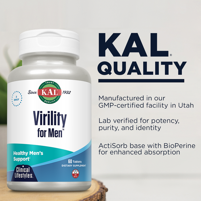 KAL Virility for Men, Men's Wellness Formula for Energy and Stamina, Sexual Health Support, Prostate Support, with B Vitamins, Tribulus Terrestris, Saw Palmetto, 60-Day Guarantee, 30 Serv, 60 Tablets