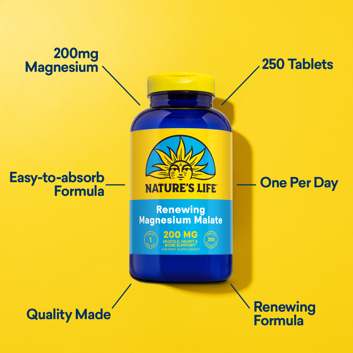Nature's Life Renewing Magnesium Malate 200 mg - One Per Day - Muscle, Heart, Nerve Health, and Bone Support - Maximum Absorption - Lab Verified - 60-Day Guarantee - 250 Servings, 250 Tablets