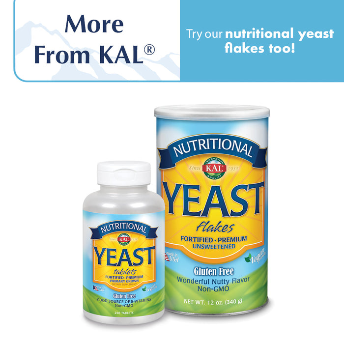 KAL Nutritional Yeast Supplement, Fortified w/ B12, Biotin, Folic Acid, Other B Vitamins, Naturally Occurring Amino Acids, Healthy Hair, Skin & Energy Support, Vegan, Gluten Free, 83 Serv, 500 Tablets (250 CT)