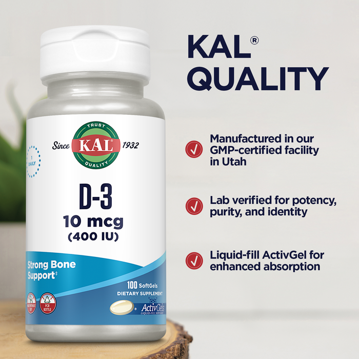 KAL Vitamin D3 400 IU Softgels (10 mcg), Active Form of Vitamin D, Calcium Absorption, Bone Health, Immune Support Supplement, Liquid Filled ActivGel, Made Without Soy, 100 Servings, 100 Softgels