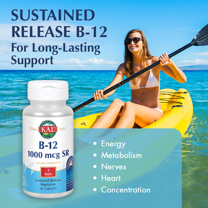 KAL B-12 1000 mcg Sustained Release | Healthy Metabolism, Energy, Nerve & Red Blood Cell Support | Vegetarian | Lab Verified | 50 Tablets