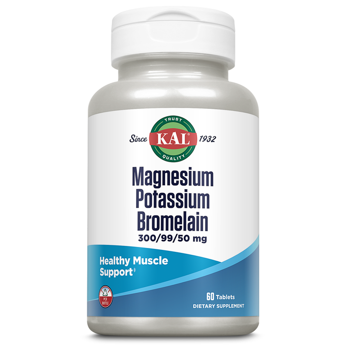 KAL Magnesium Potassium Bromelain, Magnesium Complex for Bone, Heart Health, Muscle Support w/ Magnesium Citrate, Magnesium Malate, Potassium Citrate, Vegetarian, 60-Day Guarantee, 60 Serv, 60 Tablets
