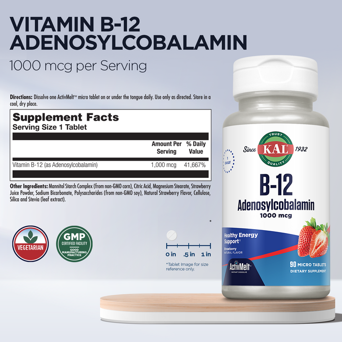 KAL Vitamin B12 1000 mcg Adenosylcobalamin ActivMelt, B12 Energy Supplements, Metabolism, Nerve and Red Blood Cell Support, High Absorption, Vegetarian, Natural Strawberry, 90 Serv, 90 Micro Tablets