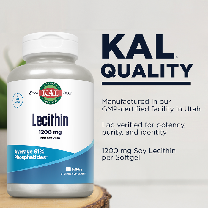 KAL Lecithin 1200mg, Heart Health and Brain Health Supplement, Cellular Health Support with Linoleic Acid and Other Fatty Acids, Average 61% Phosphatides, 60-Day Guarantee, 100 Servings, 100 Softgels