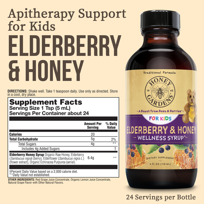 Honey Gardens Elderberry Syrup for Kids with Honey, Kids Elderberry Syrup, 6.4 mg of Elderberry Honey Syrup with Organic Raw Honey, Organic Echinacea Purpurea and Elderflower, 24 Servings, 4 FL. OZ.