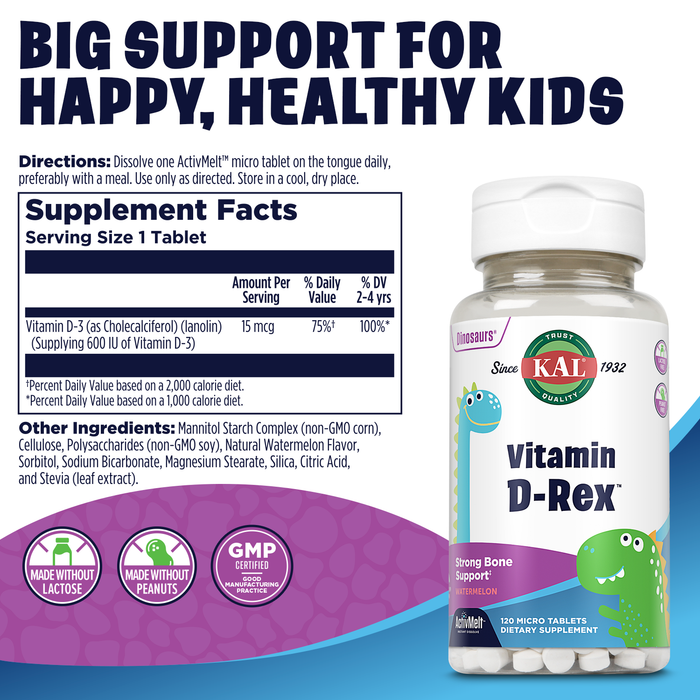 KAL Vitamin D-Rex, Kids Vitamin D, Natural Watermelon Flavor Instant Dissolve Melts, 15 mcg of Vitamin D for Kids, Immune, Heart, Bone, and Oral Health Support, 120 Servings, 120 Micro Tablets
