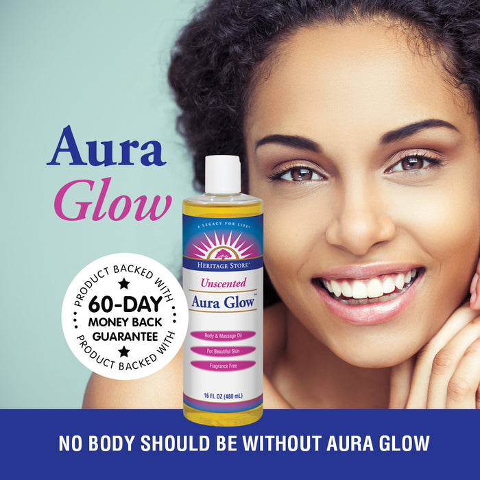 Heritage Store Aura Glow Unscented | Body & Massage Oil | For Beautiful Skin & Hair | Moisturizer, Aftershave, Lotion, Hair & Bath Oil | 16 FL OZ