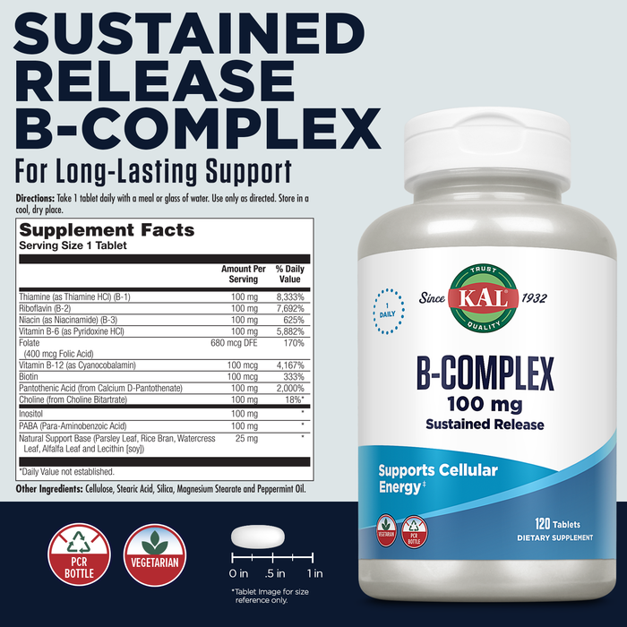 KAL B-100 Complex - Sustained Release Vitamin B Complex - Healthy Energy Support with Natural Support Base and Fresh Minty Coating - Vegetarian - 60 Day Guarantee - 120 Servings, 120 Tablets